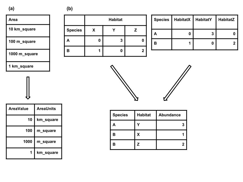 Figure 1. Examples of how to restructure two common issues with tabular data. (a) Each cell should only contain a single value. If more than one value is present then the data should be split into multiple columns. (b) There should be only one column for each type of information. If there are multiple columns then the column header should be stored in one column and the values from each column should be stored in a single column.