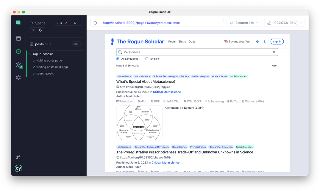 Adding automated end-to-end testing to Rogue Scholar